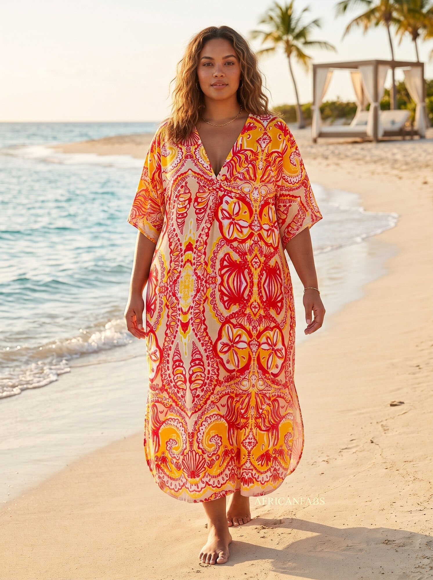 Boho rayon kaftan dress - Orange Pink Coral Bloom