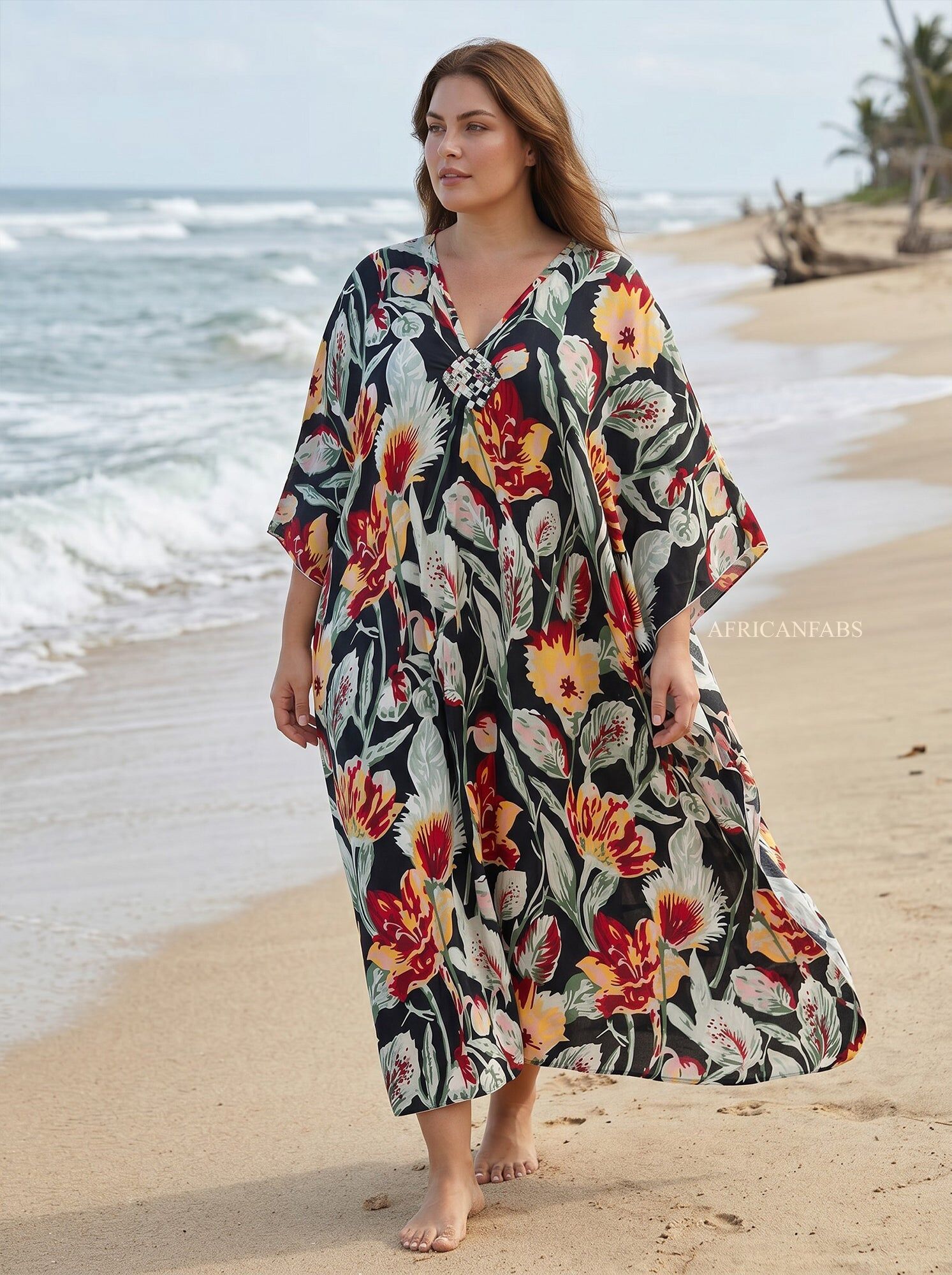 Boho rayon kaftan dress - Black Red Midnight Flora