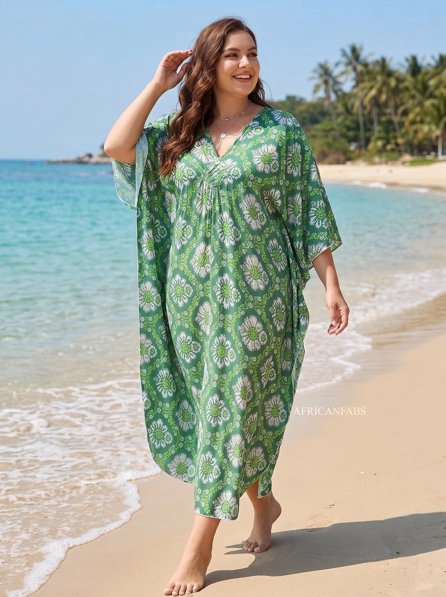 Boho rayon kaftan dress - Green Wild Daisy