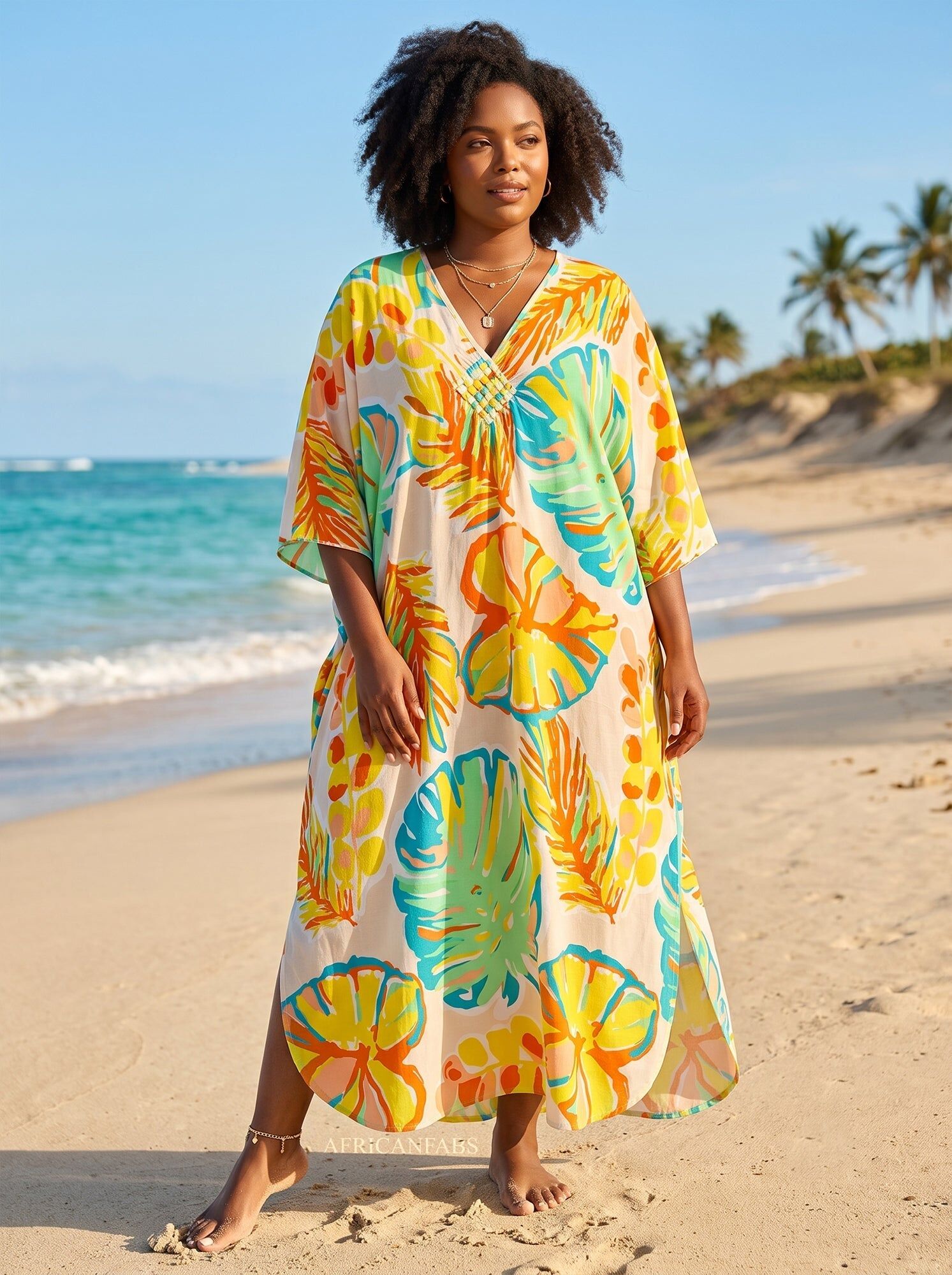 Boho rayon kaftan dress - White Turquoise Island Palms