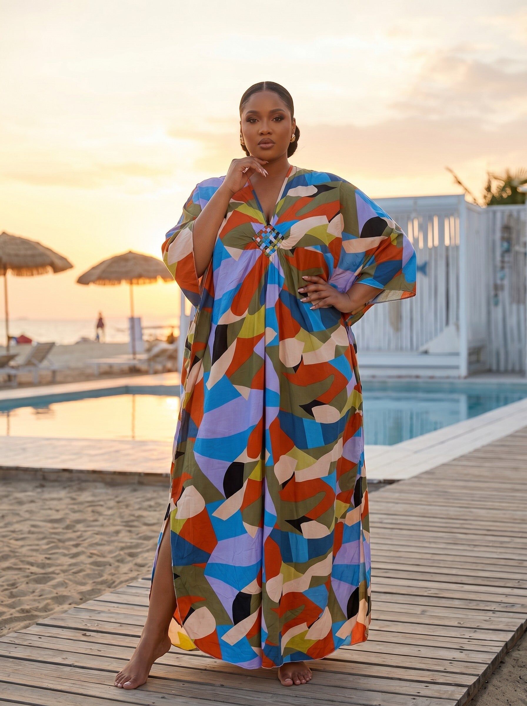 Boho rayon kaftan dress - Olive Light blue Boho Mosaic