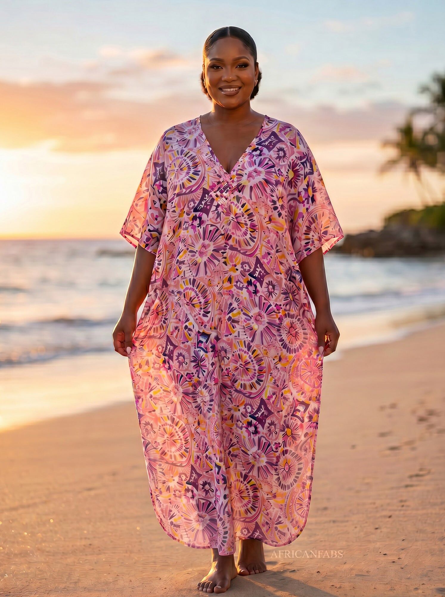 Boho rayon kaftan dress - Pink Purple Lilac Bloom