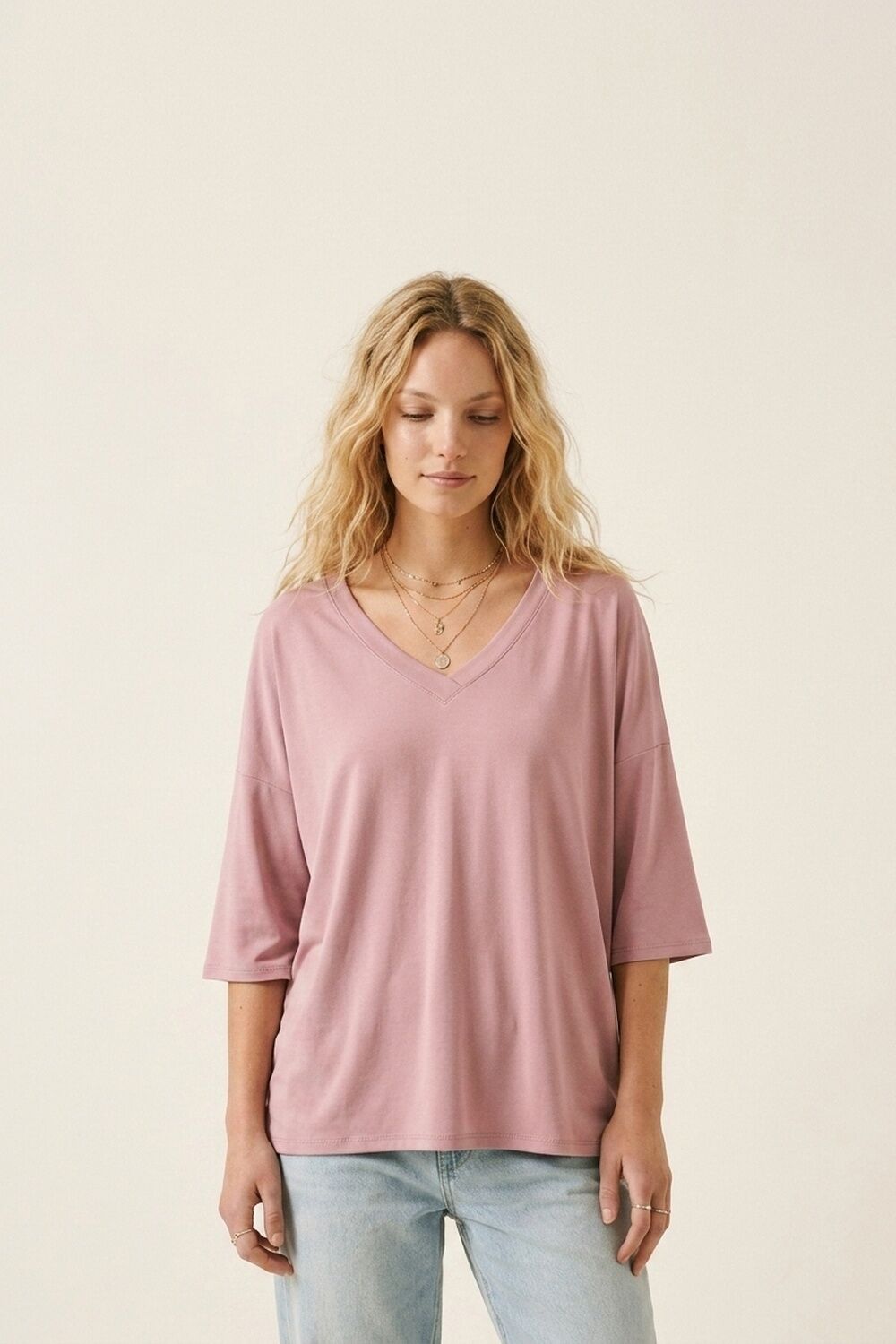 Dusty Rose V-Neck Relaxed Fit Top with 3/4 Sleeves