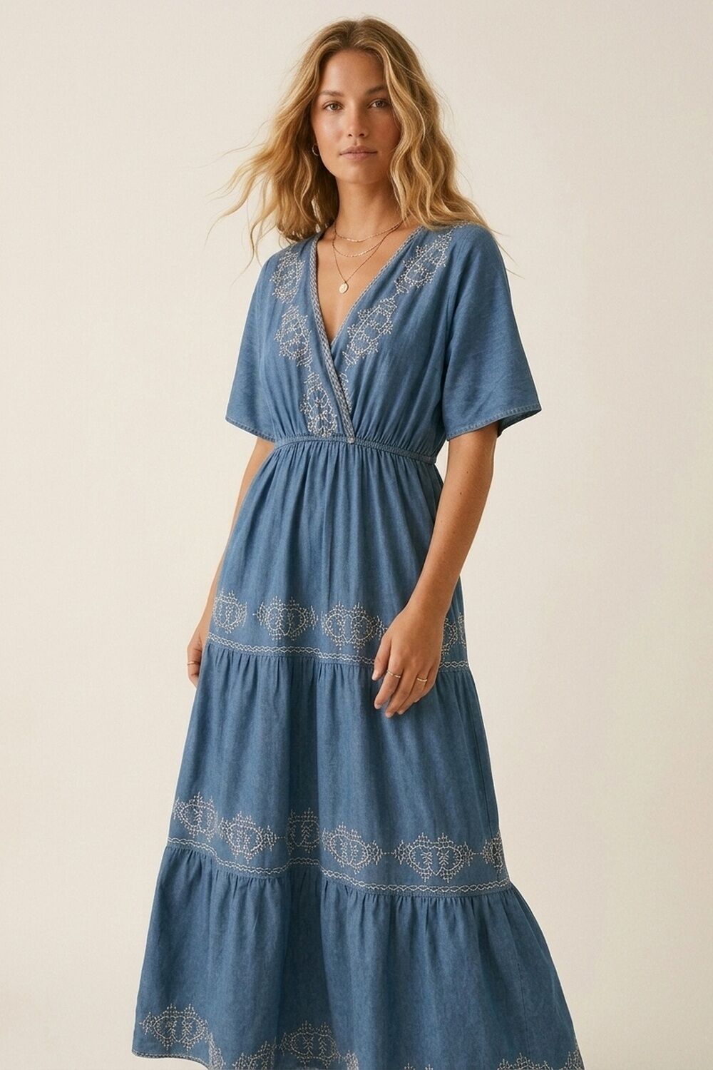 Blue Embroidered Maxi Dress with V-Neckline