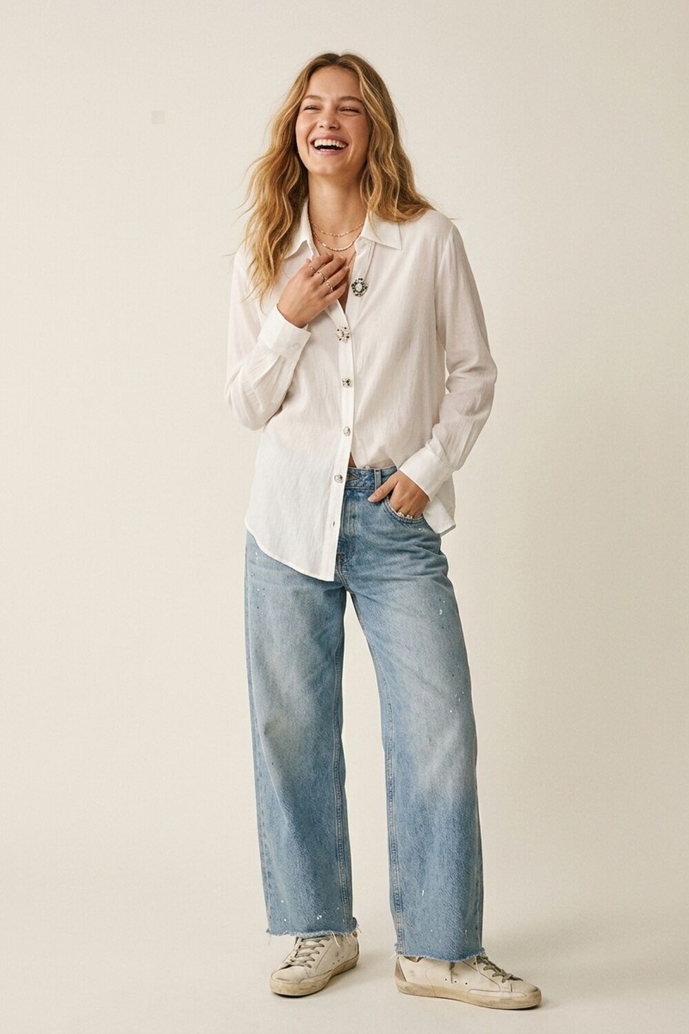 White Embellished Button-Down Blouse in tencel fabric