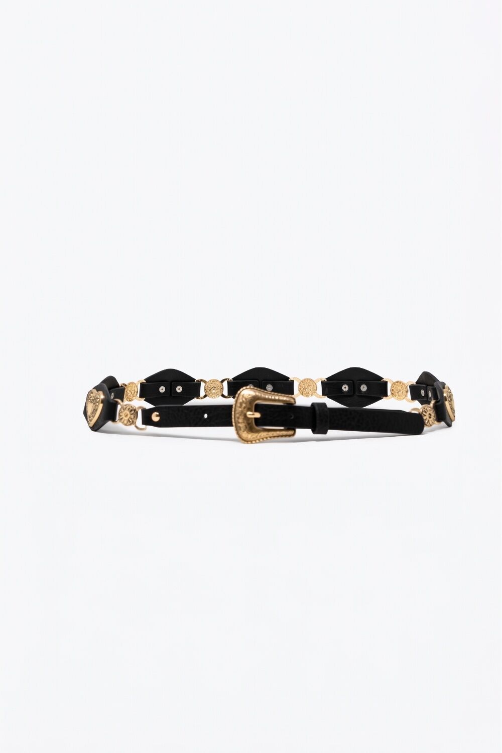 Black Faux Leather Heart Embellished Western Buckle Detail Belt