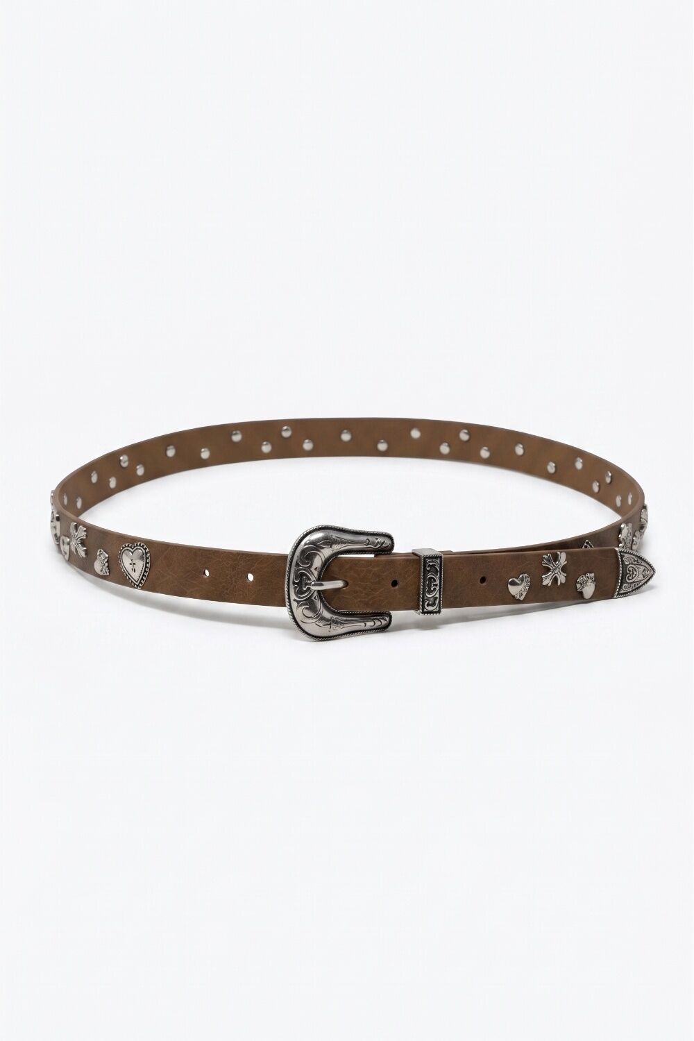 Camel Faux Leather Western Buckle Silver Stud Trim Belt