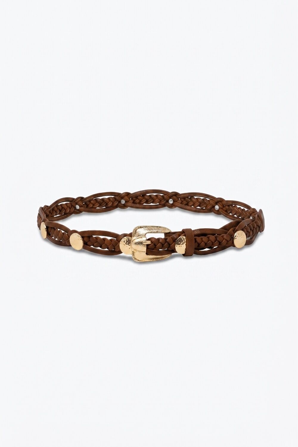 Brown Braided Faux Leather Gold Buckle Detail Waist Belt