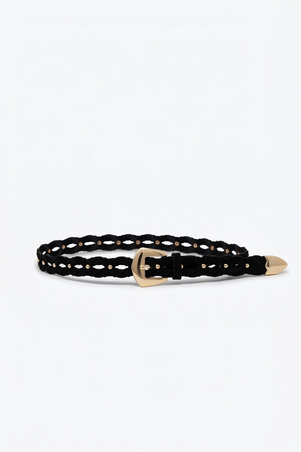 Black Braided Faux Suede Gold Buckle Waist Belt Accessory