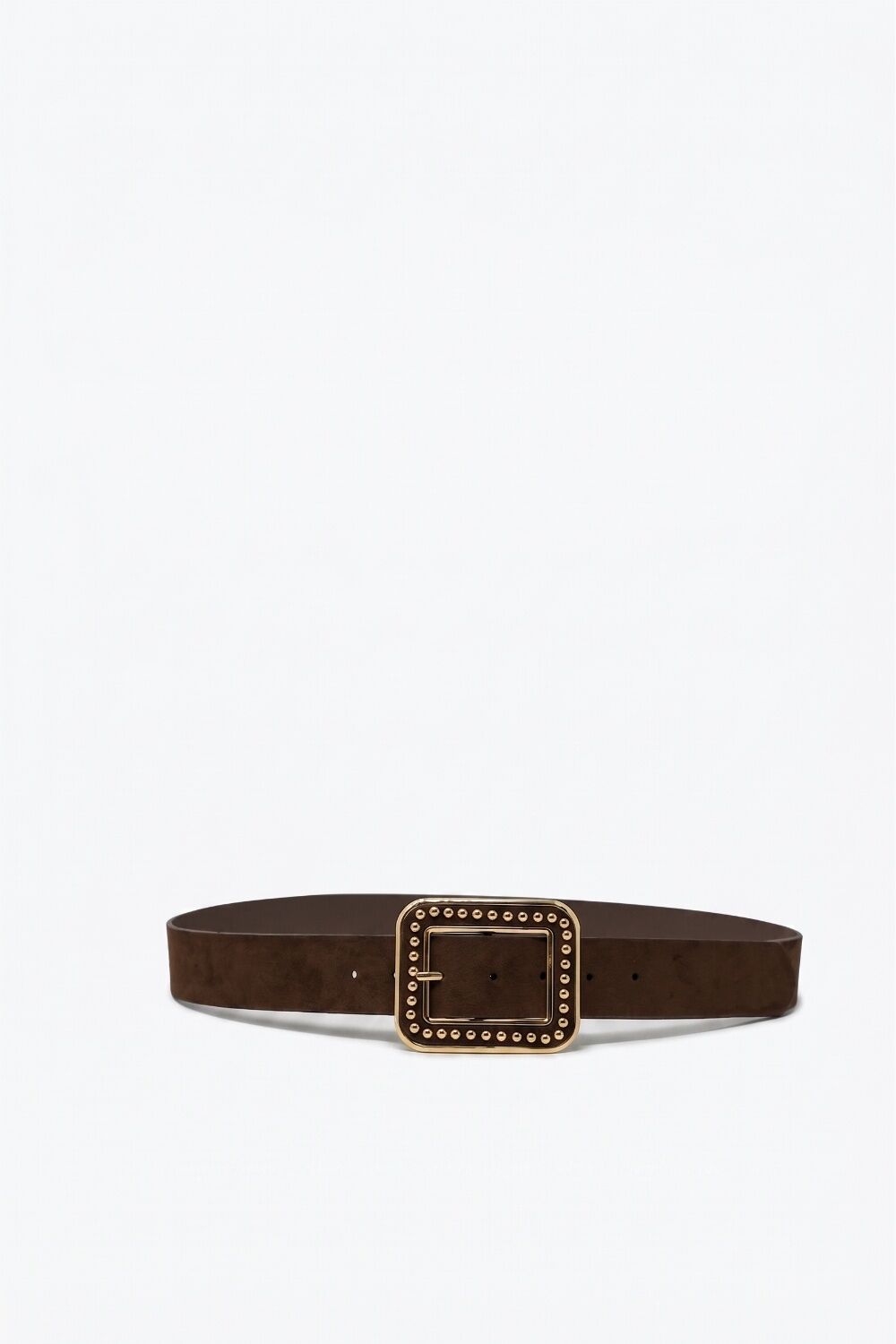 Brown Suede Finish Gold Studded Square Buckle Waist Belt