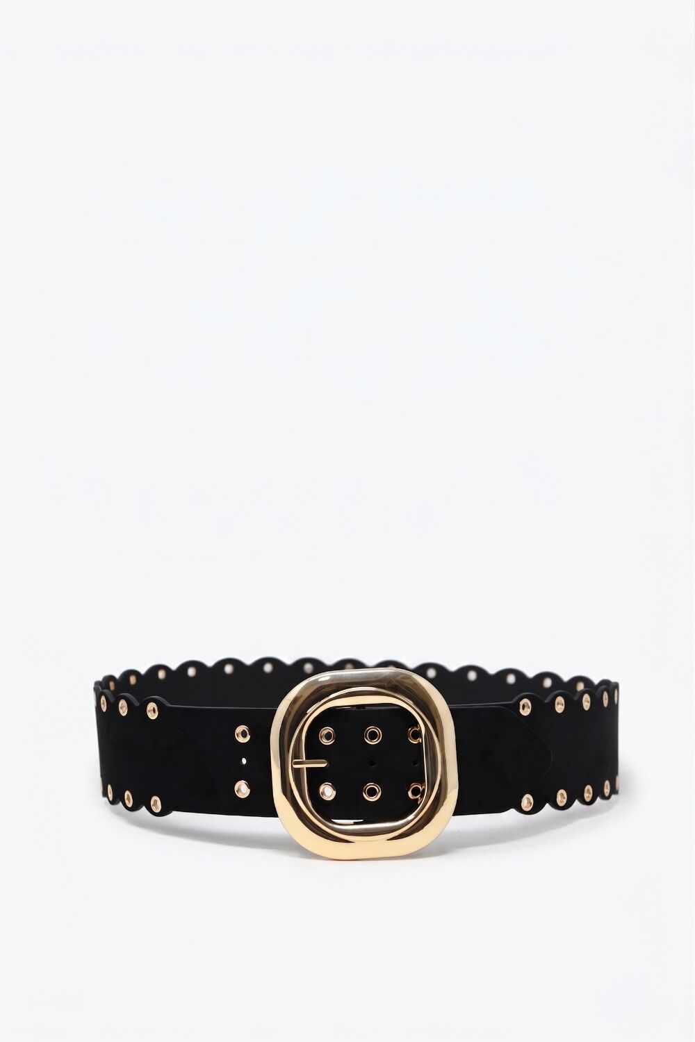 Black Faux Leather Gold Buckle Eyelet Scallop Edge Belt