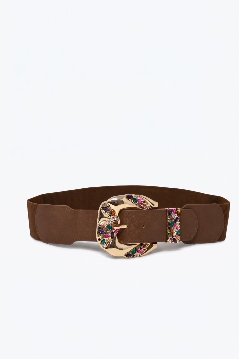Brown Faux Leather Gold Multicolor Embellished Buckle Wide Belt