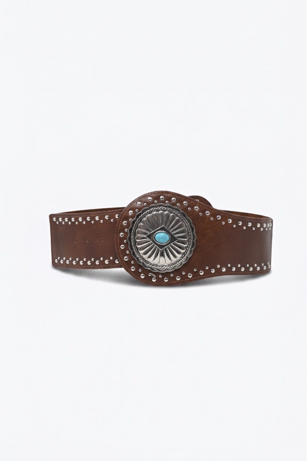 Brown Faux Leather Silver Studded Turquoise Buckle Wide Belt