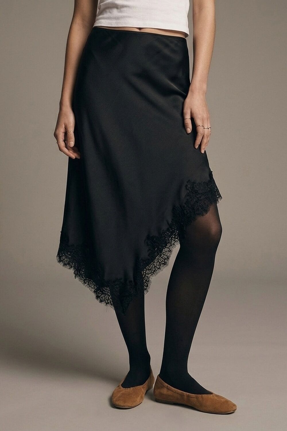 Black Satin Lace Trim Asymmetrical Midi Skirt