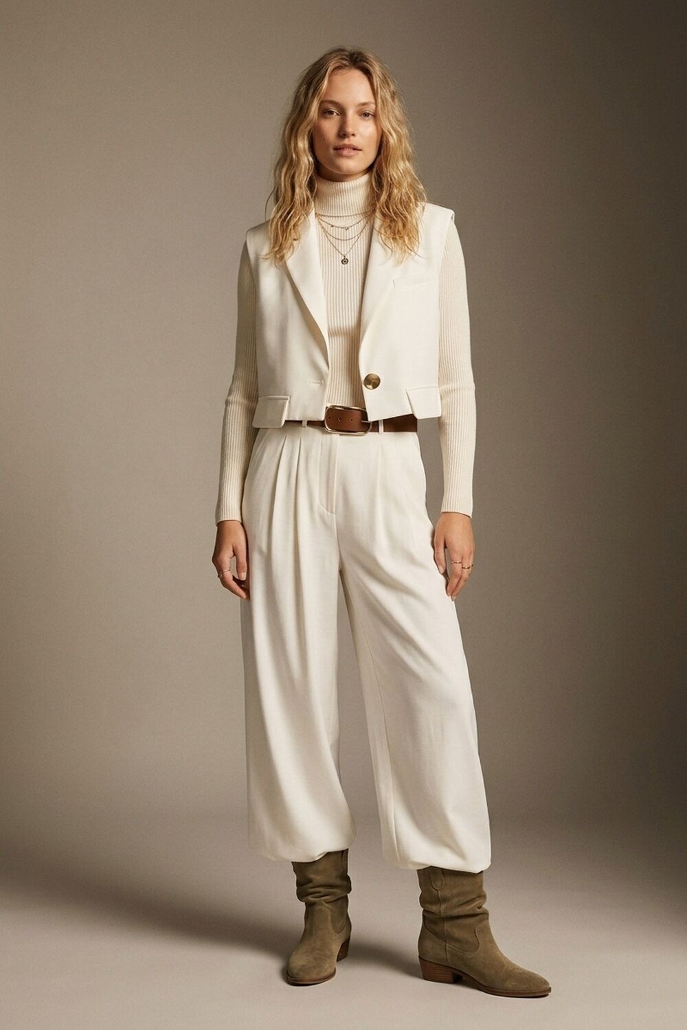 Lightweight Woven Fabric Pleated Belted Wide Leg Pants in white