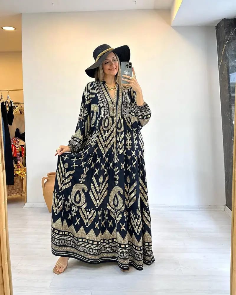 Long Bohemian Ethnic Dress – Graphic Elegance Black & Beige