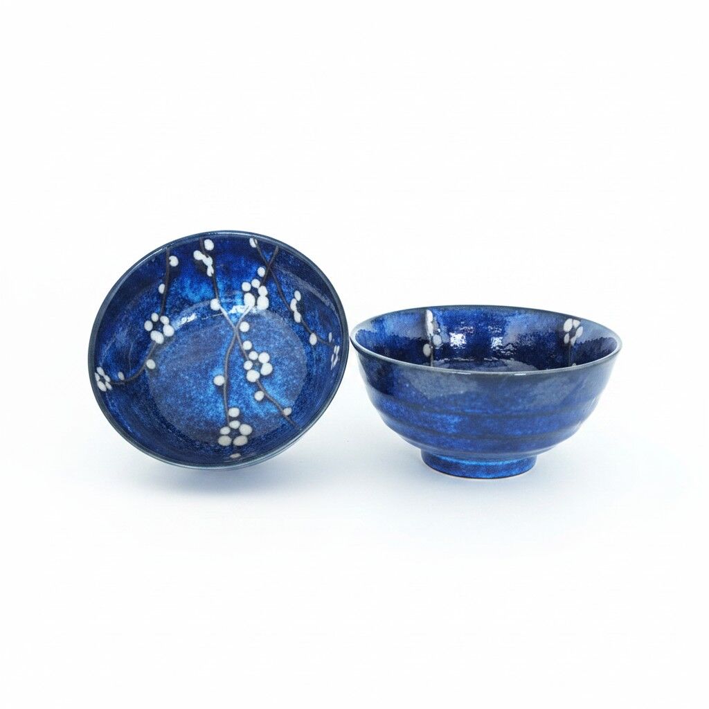 2 Dark Blue Flared Bowls with Cherry Blossom Design