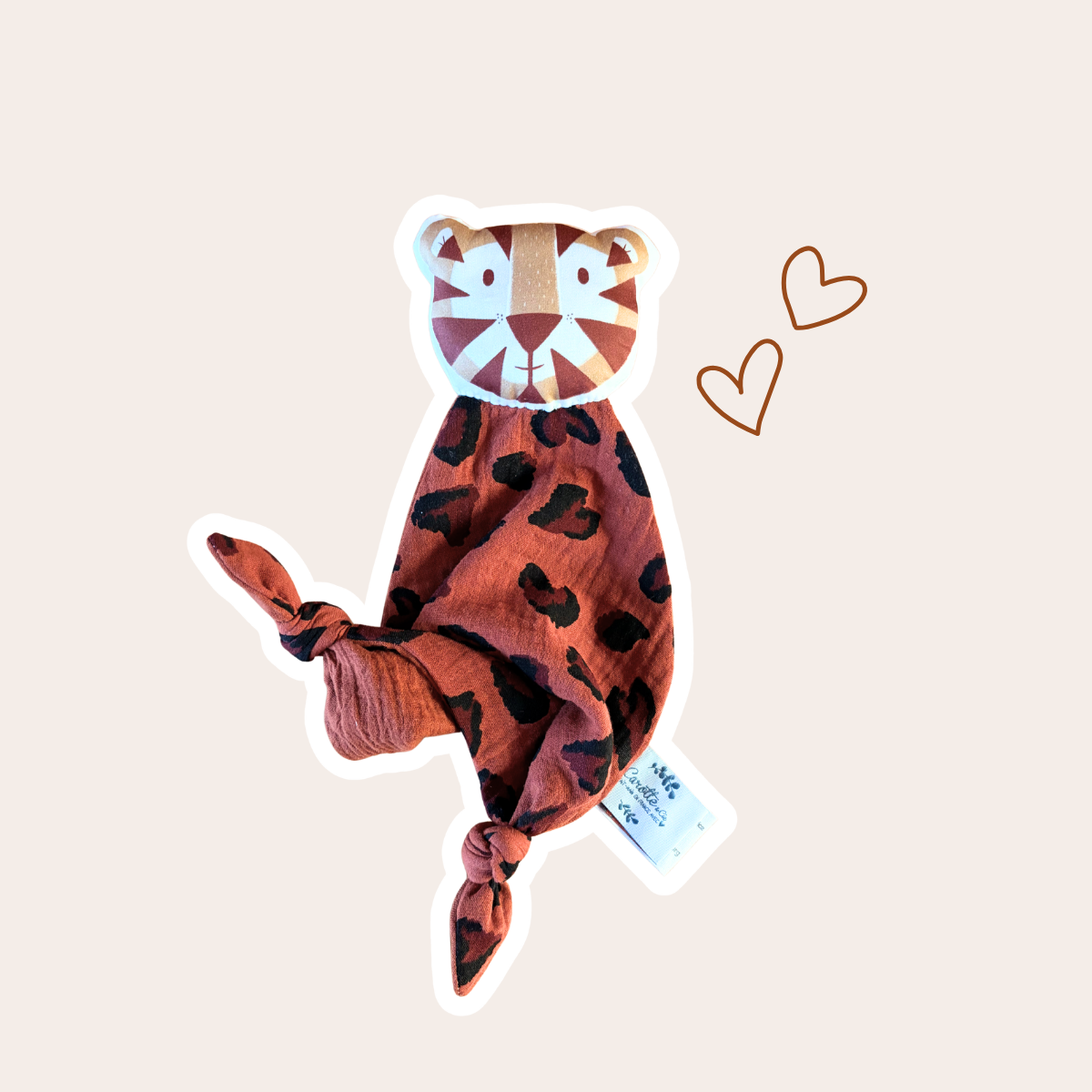 Tiger soft toy in cotton gauze with animal print and plain toffee