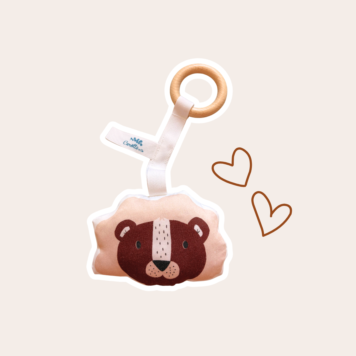 Wooden and cotton teething ring, beige and toffee lion