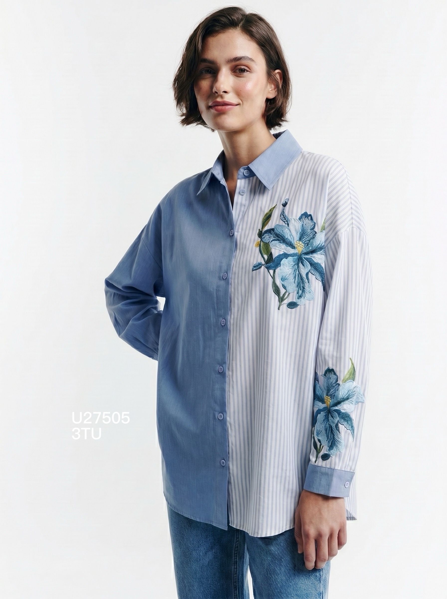 Long, asymmetrical striped shirt with floral embroidery