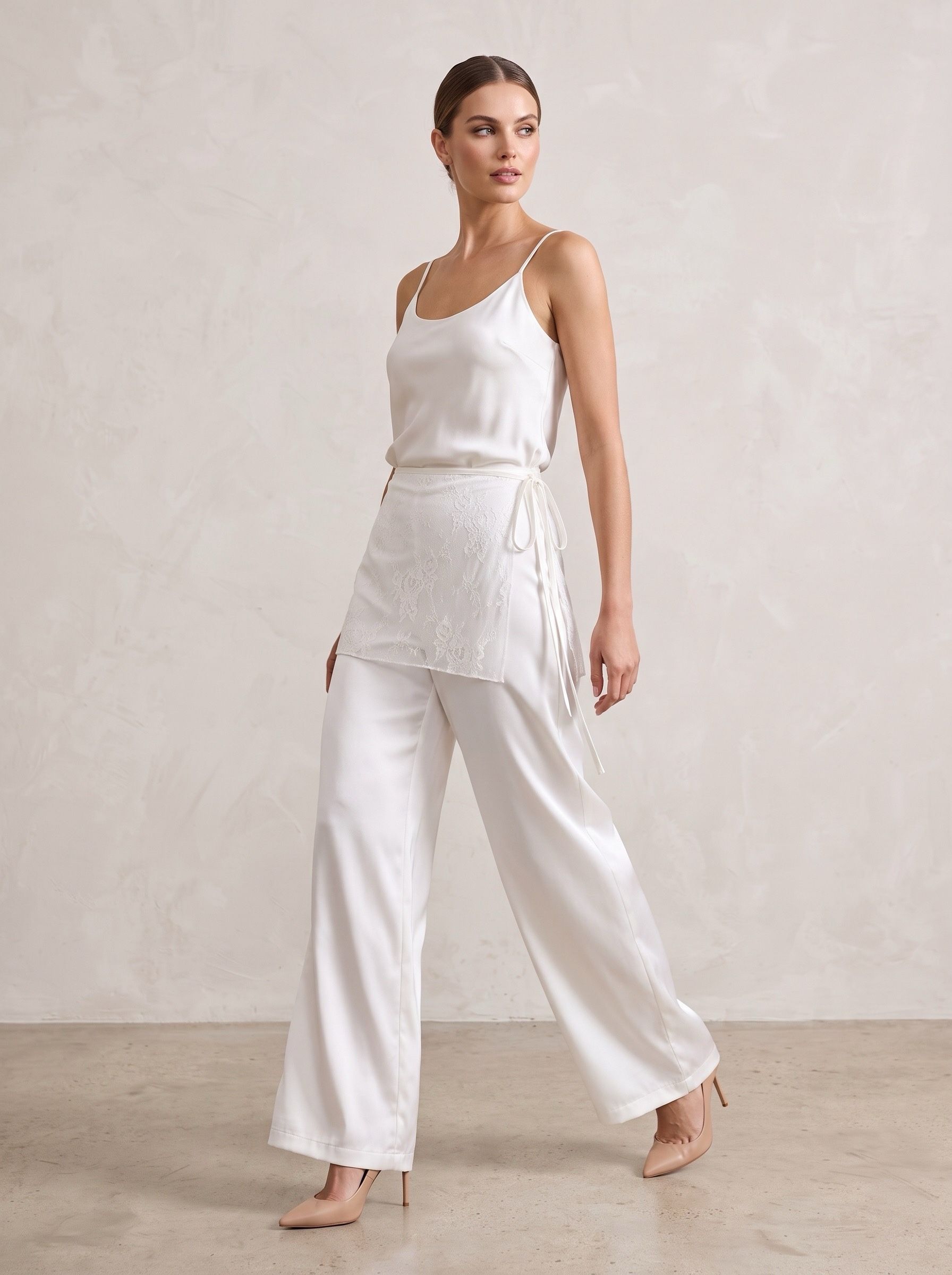 Wide-leg trousers with a tie-front lace overskirt