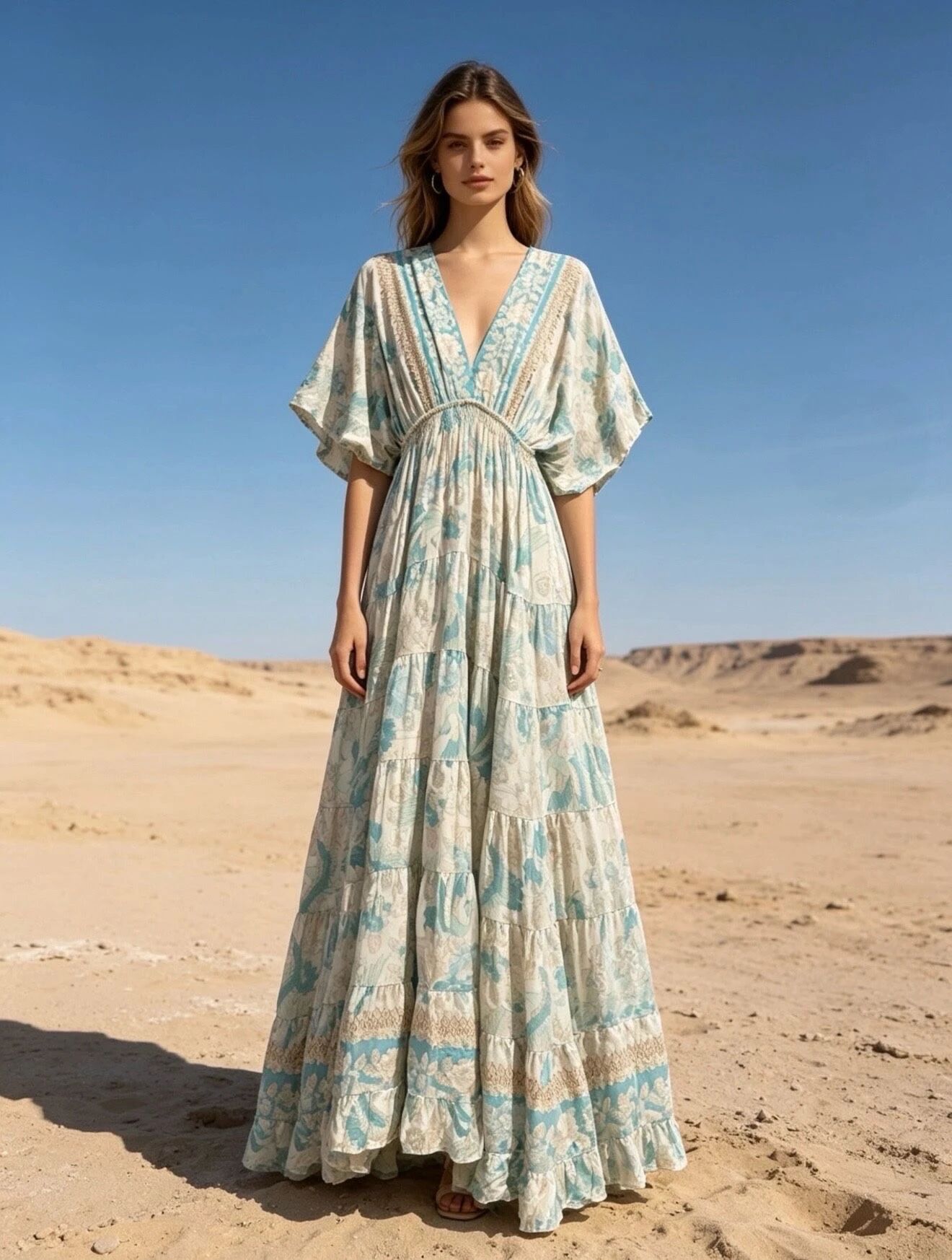 Maxi dress with V-neck print and batwing sleeves