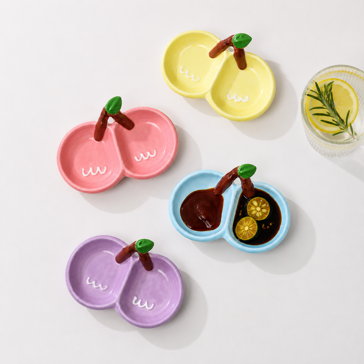 Cute Cherry Ceramic Sauce Dish | Double Dip Condiment Bowl