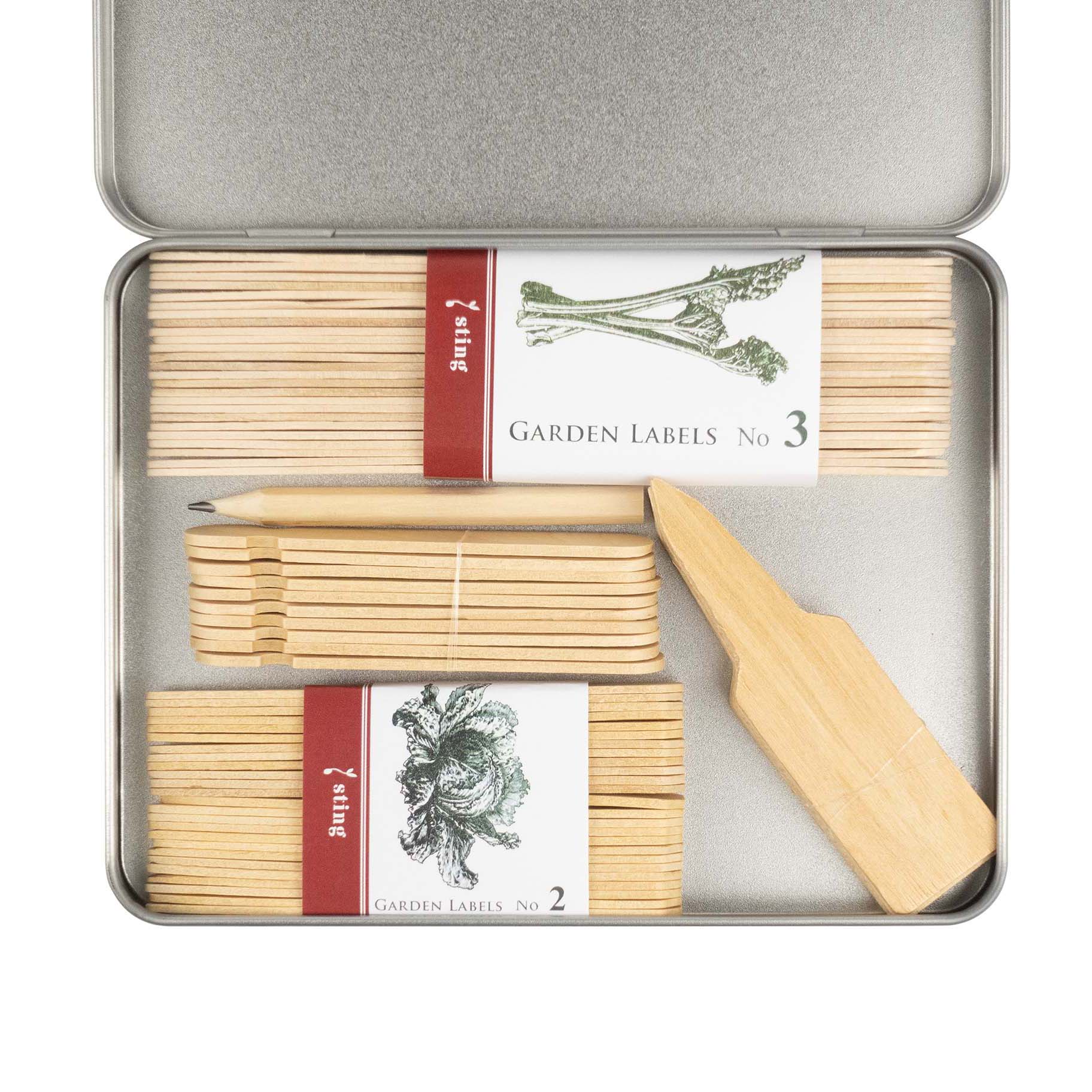 Plant Labels - Tin Of Mixed Wooden Labels, Pencil & Coir Discs