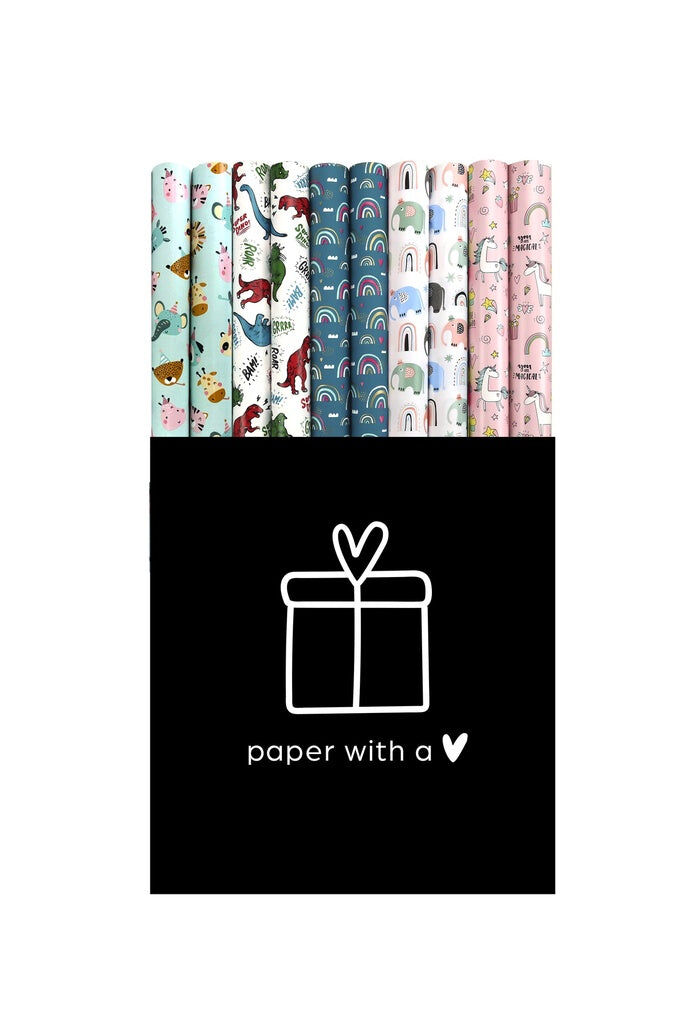 Hello – Gift Wrapping Paper for Children - 50 Rolls Grass Paper - FSC Recycled - Dino, Unicorn & Animals