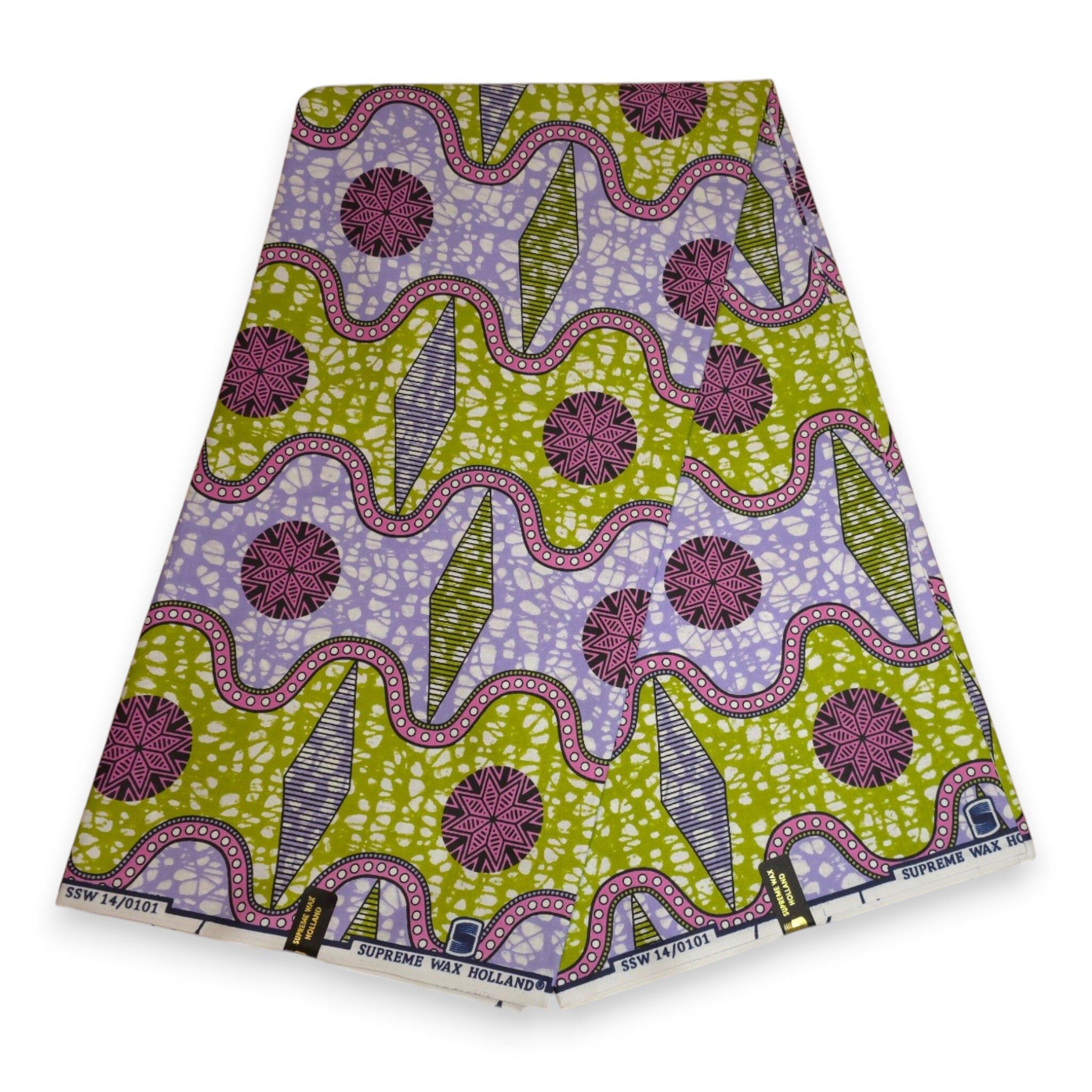 6 Yards - Super Wax - African Wax print fabric - Pink Green Wave Symbols - 100% cotton