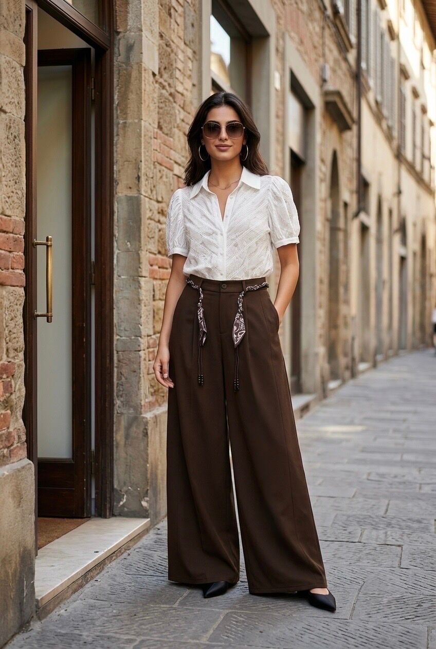 Pantalon femme large ceinture foulard