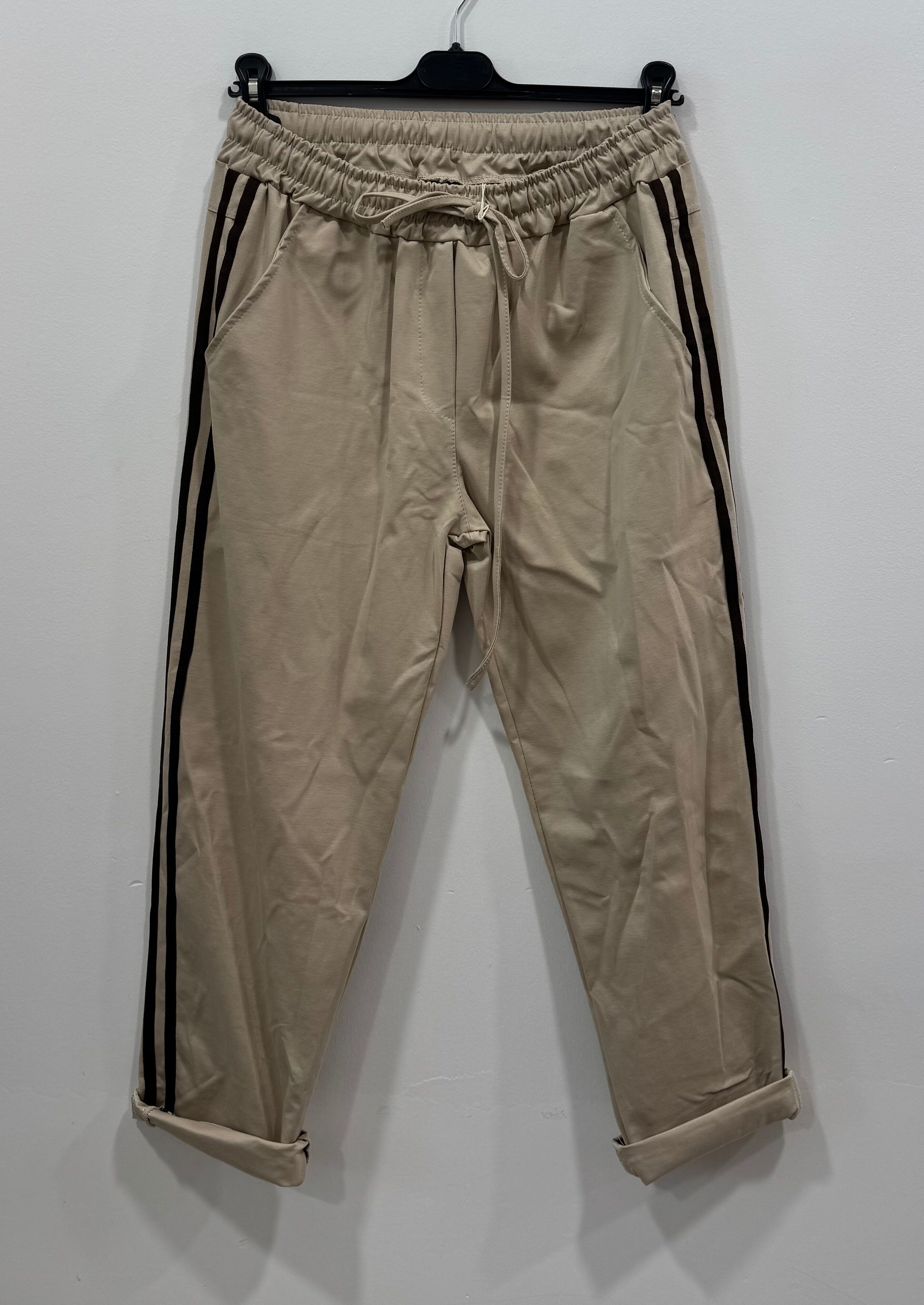 Jogger-style trousers, straight cut, slightly tapered, high elasticated waist with drawstring, 2 side pockets, double contrasting side stripes