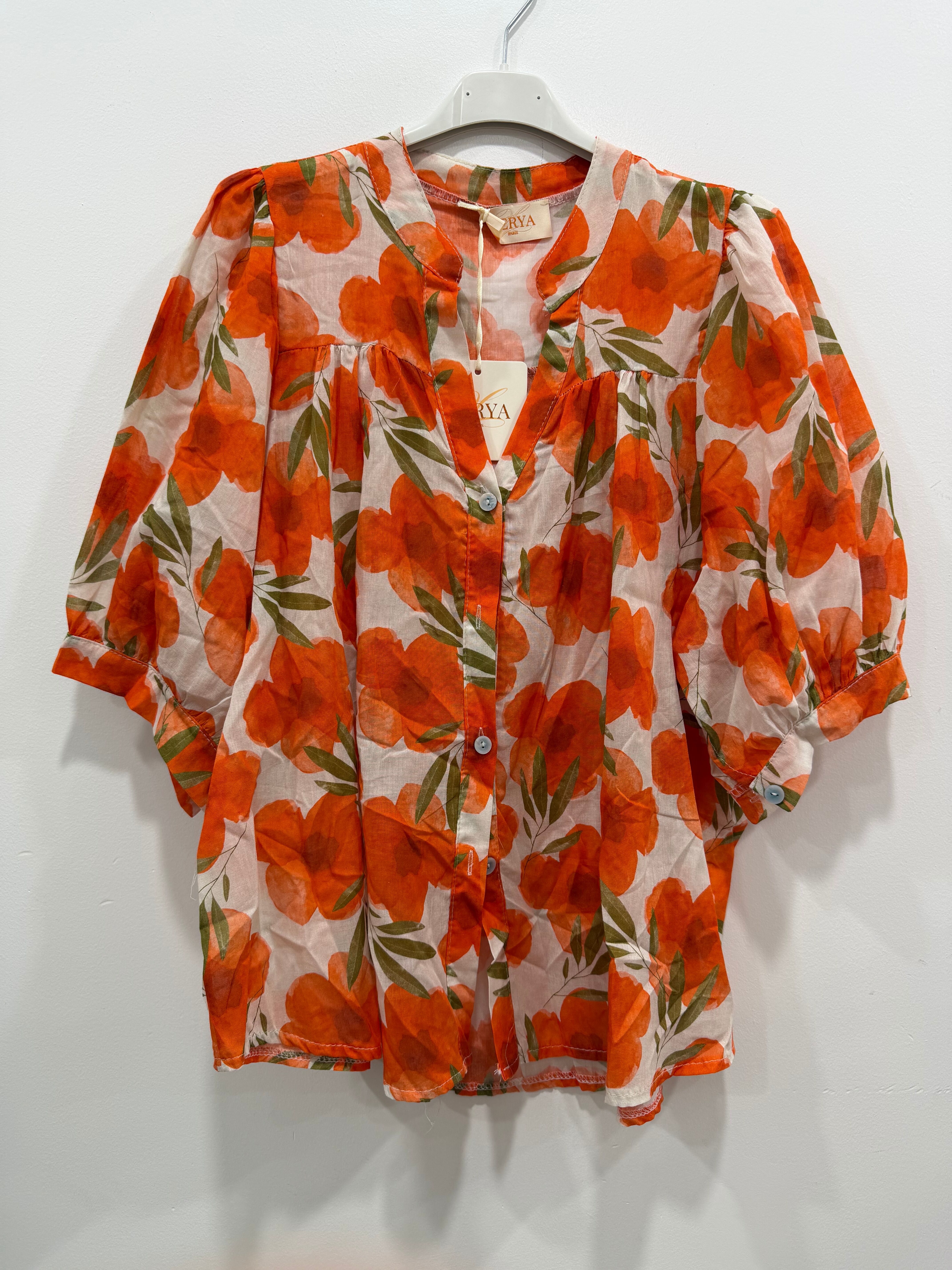 Chemise bohème manches courtes col mao imprimé floral