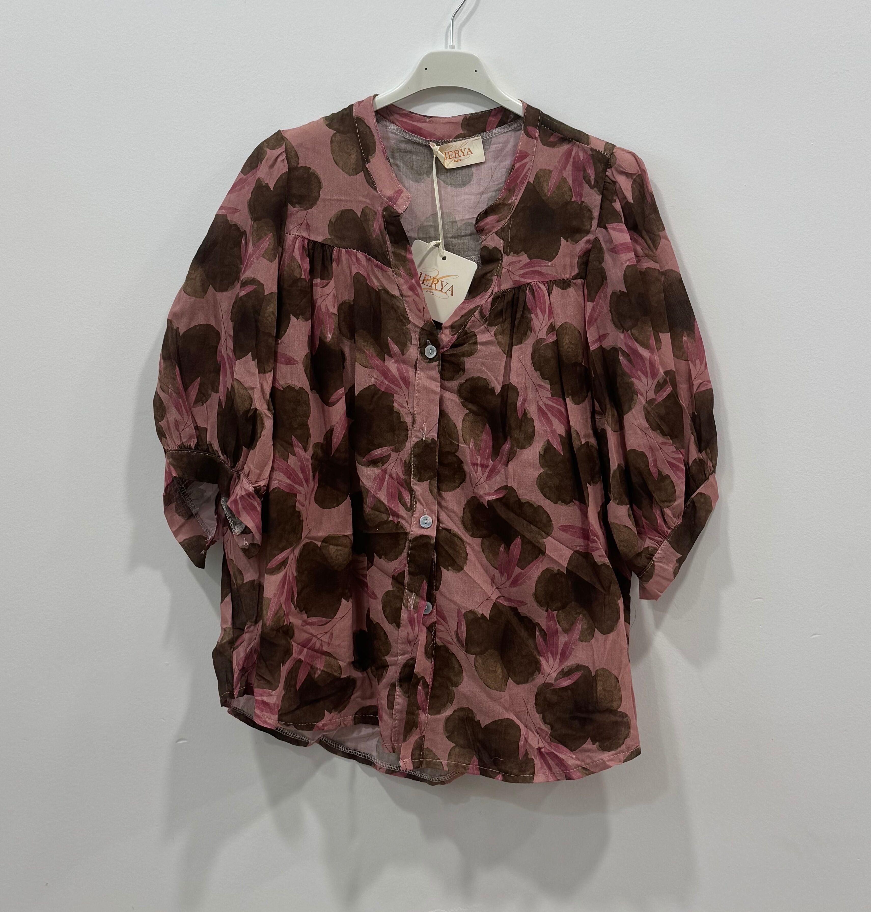 Chemise bohème manches courtes col mao imprimé floral