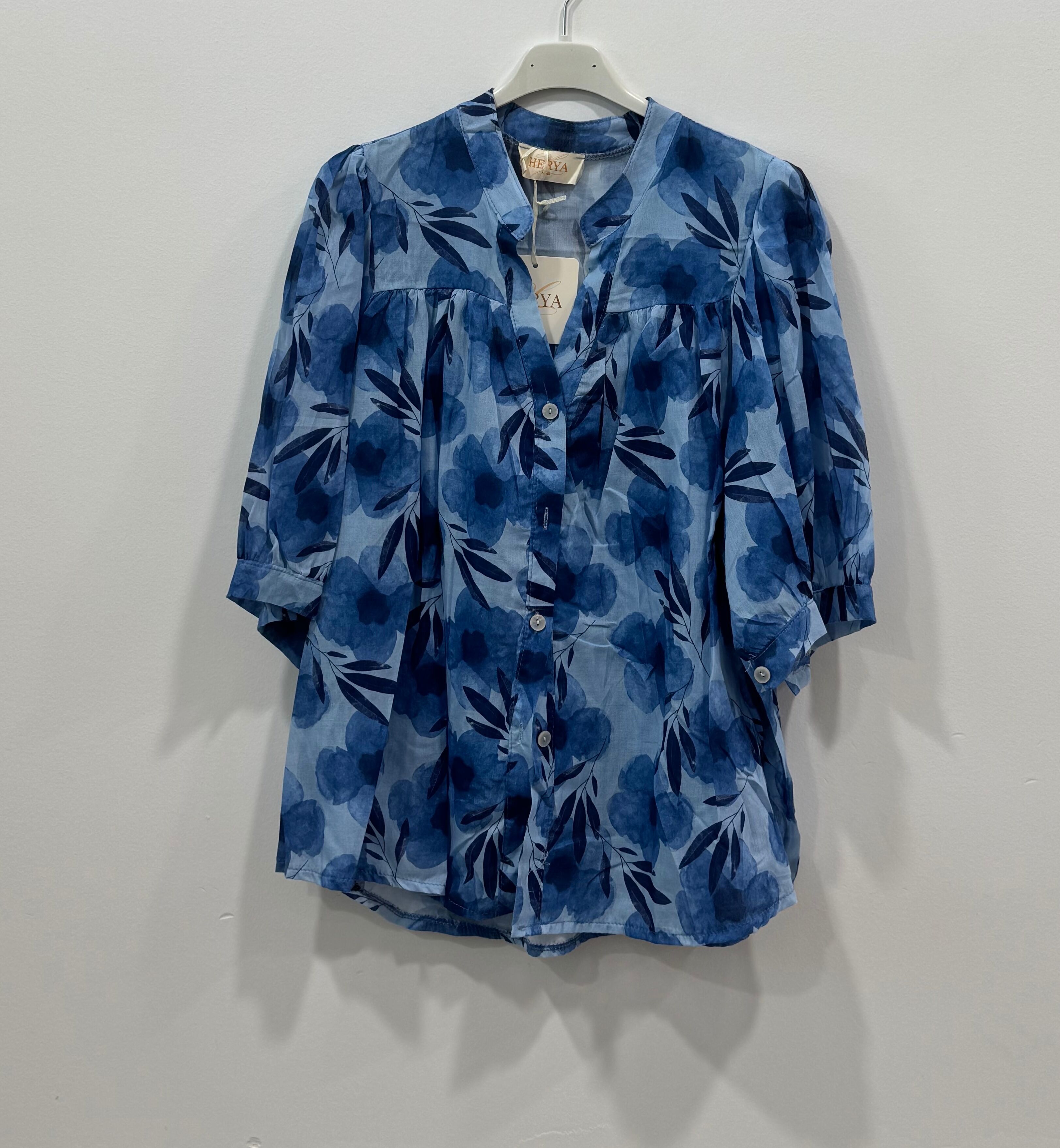 Chemise bohème manches courtes col mao imprimé floral