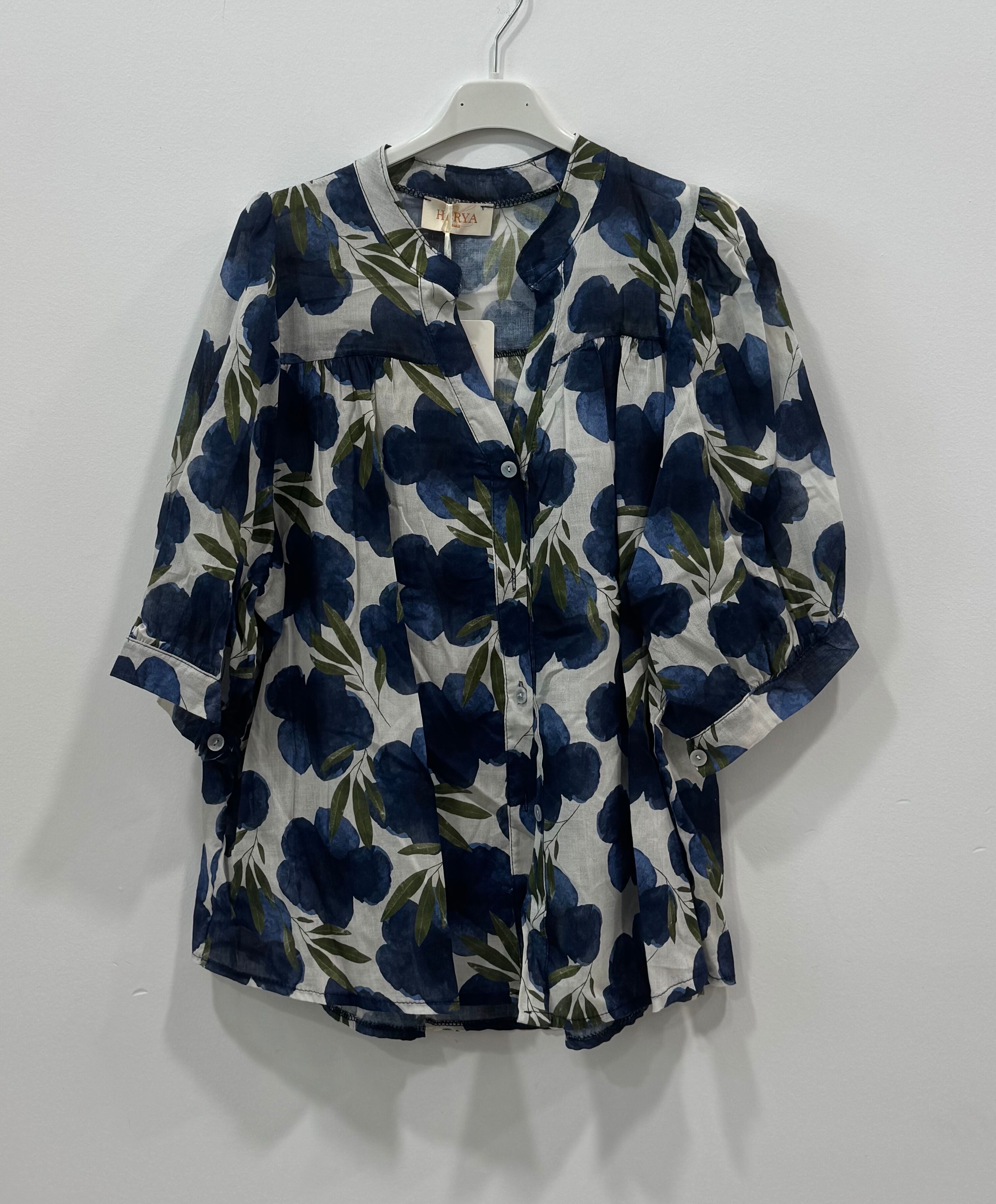 Chemise bohème manches courtes col mao imprimé floral