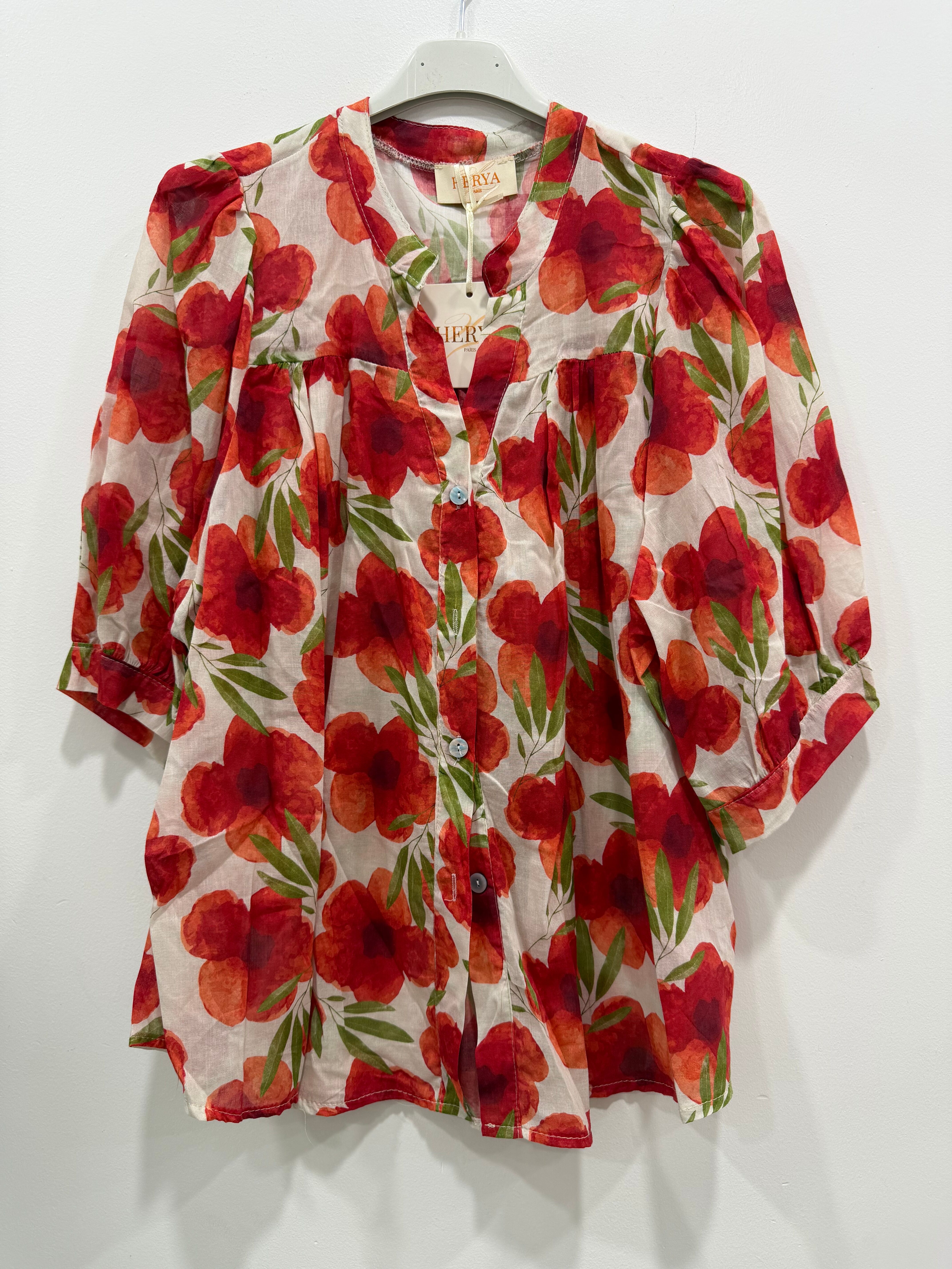 Chemise bohème manches courtes col mao imprimé floral