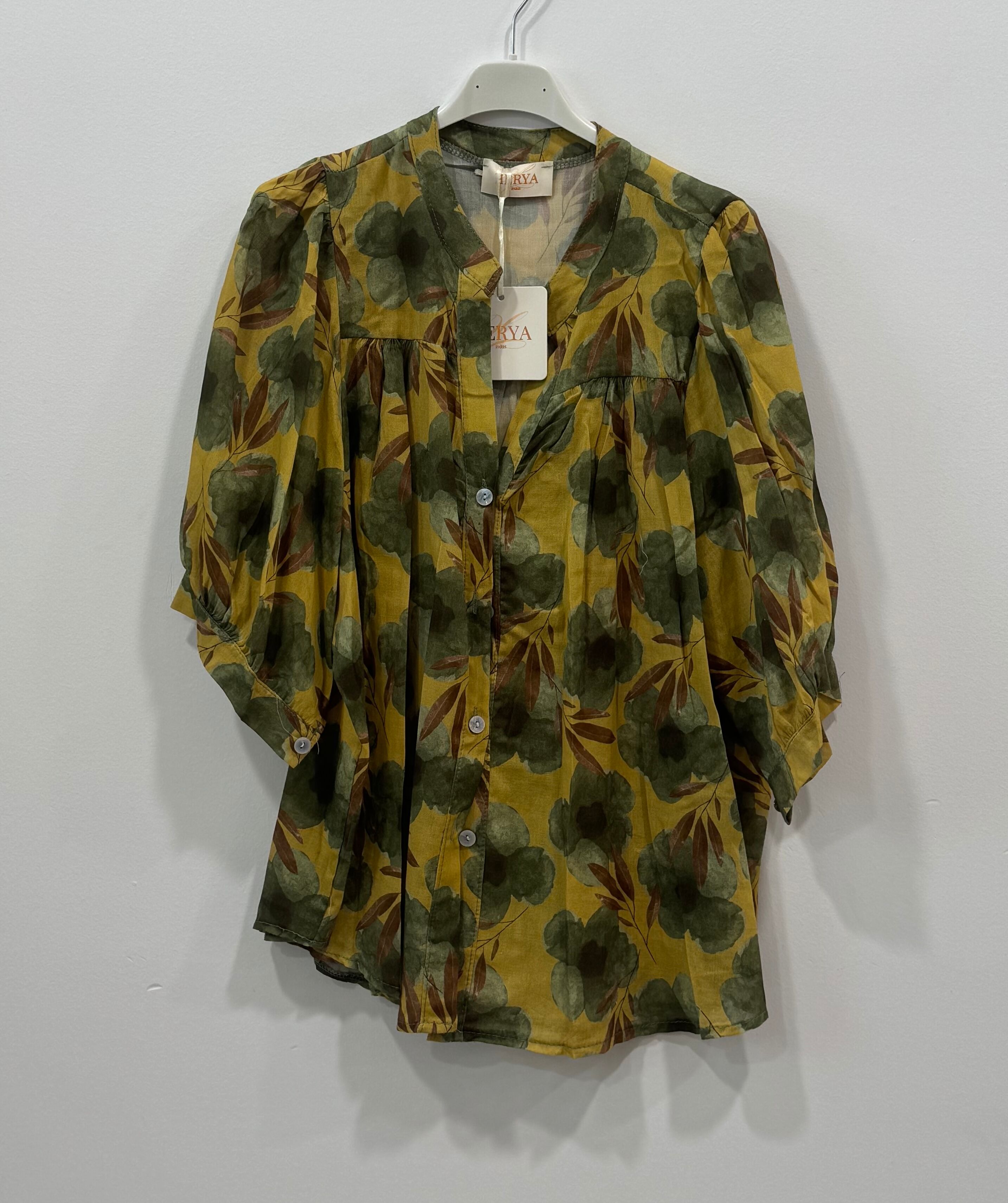 Chemise bohème manches courtes col mao imprimé floral