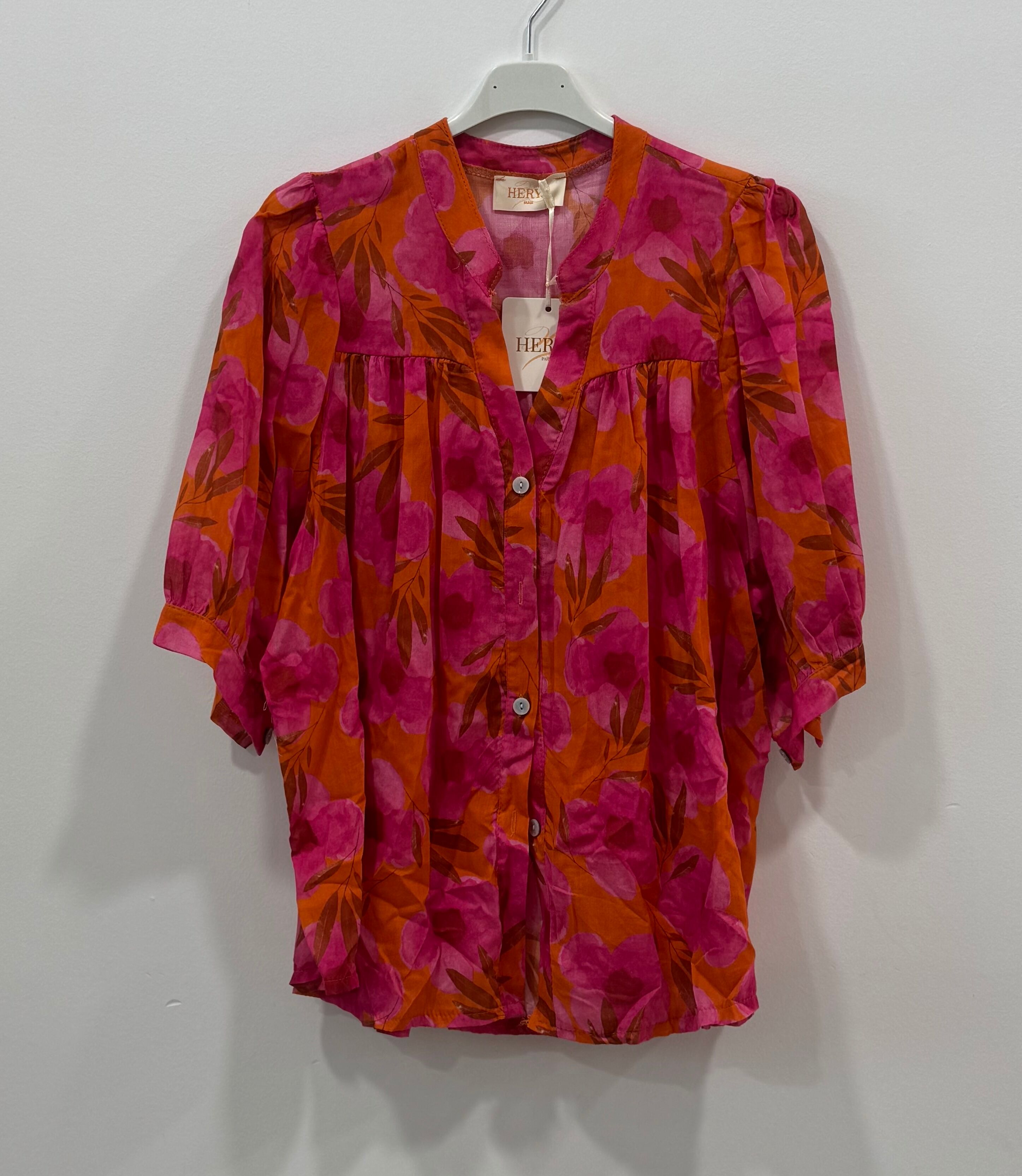 Chemise bohème manches courtes col mao imprimé floral