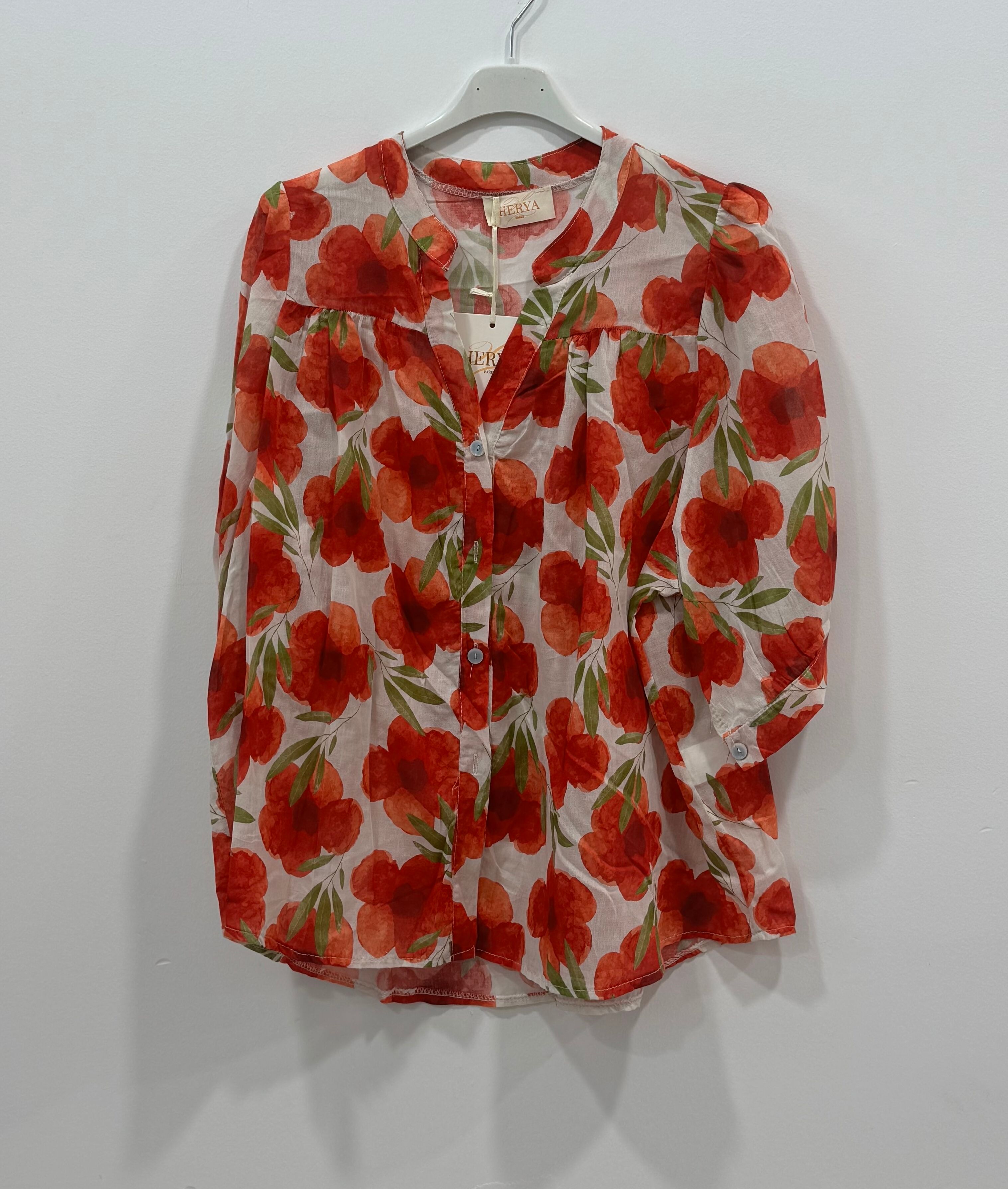 Bohemian short-sleeved shirt with mandarin collar and floral print