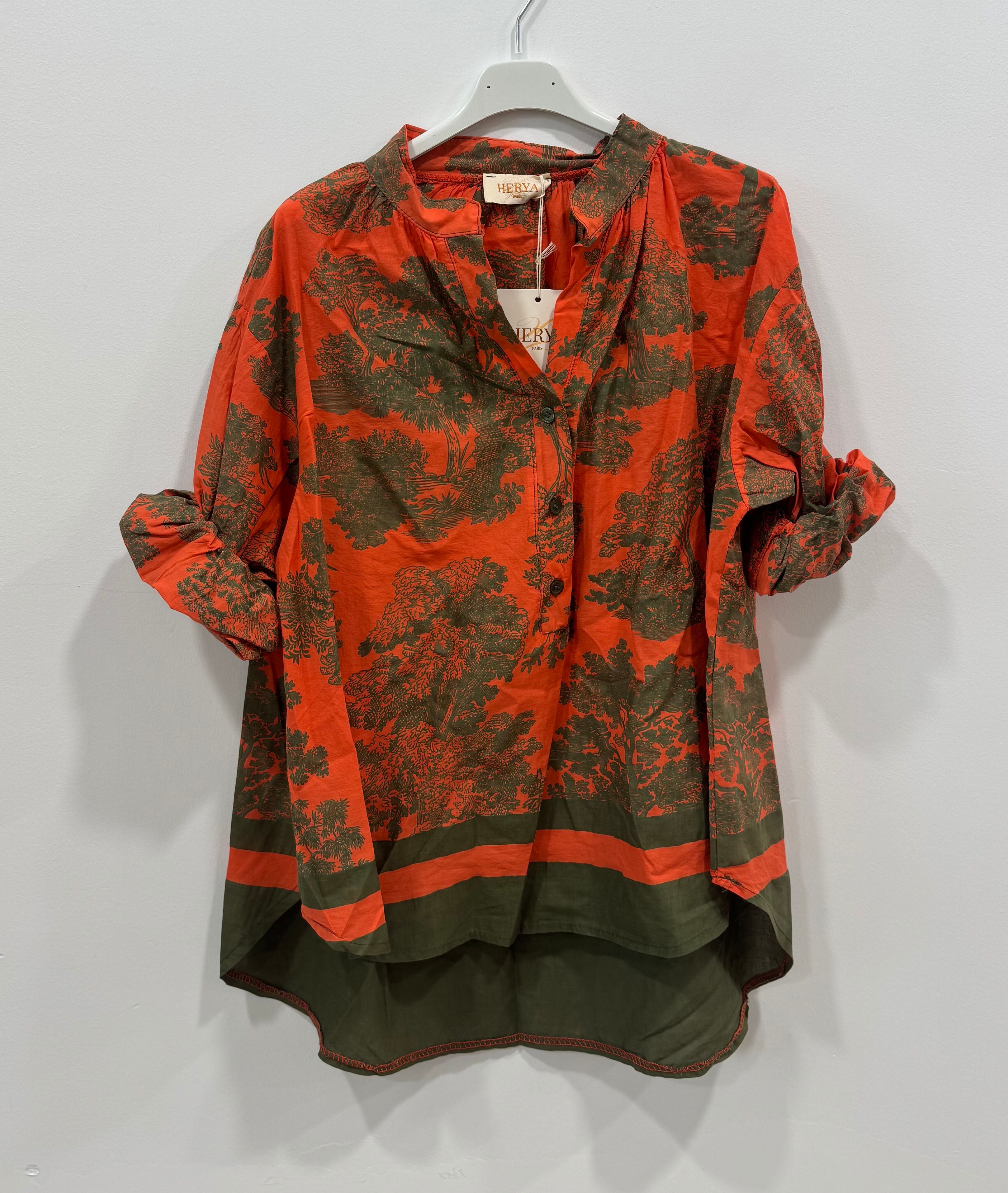 Shirt-cut blouse with long sleeves, Mao collar, button placket, and "Toile de Jouy" inspired pattern