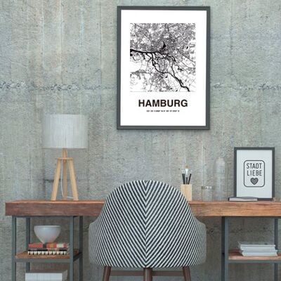 Stadtliebe® | Mapa de Hamburgo lámina en blanco y negro diferentes tamaños DIN A2
