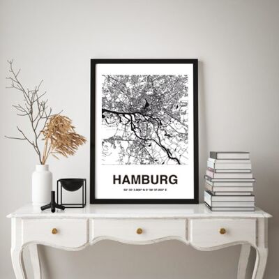 Stadtliebe® | Mapa de Hamburgo lámina en blanco y negro diferentes tamaños DIN A3