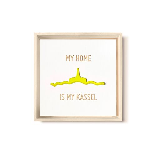Stadtliebe® | 3D-Holzbild "My Home Is My Kassel" veredelt mit CNC-Fräsung Gelb