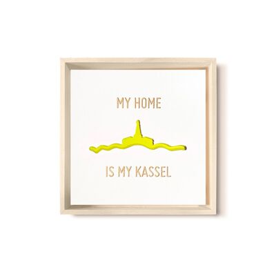Stadtliebe® | Immagine 3D in legno "My Home Is My Kassel" rifinita con fresatura CNC gialla
