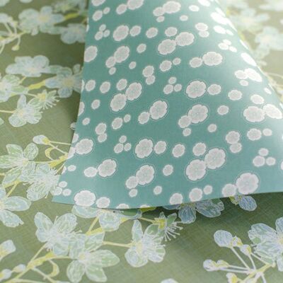 Cherry sprigs & blossoms - green & blues - gift wrapping paper