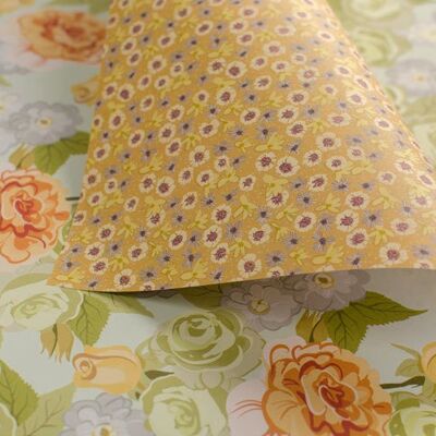 Bold roses & ditsy floral - pistachio & amber - gift wrapping paper