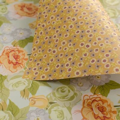Bold roses & ditsy floral - pistachio & amber - gift wrapping paper
