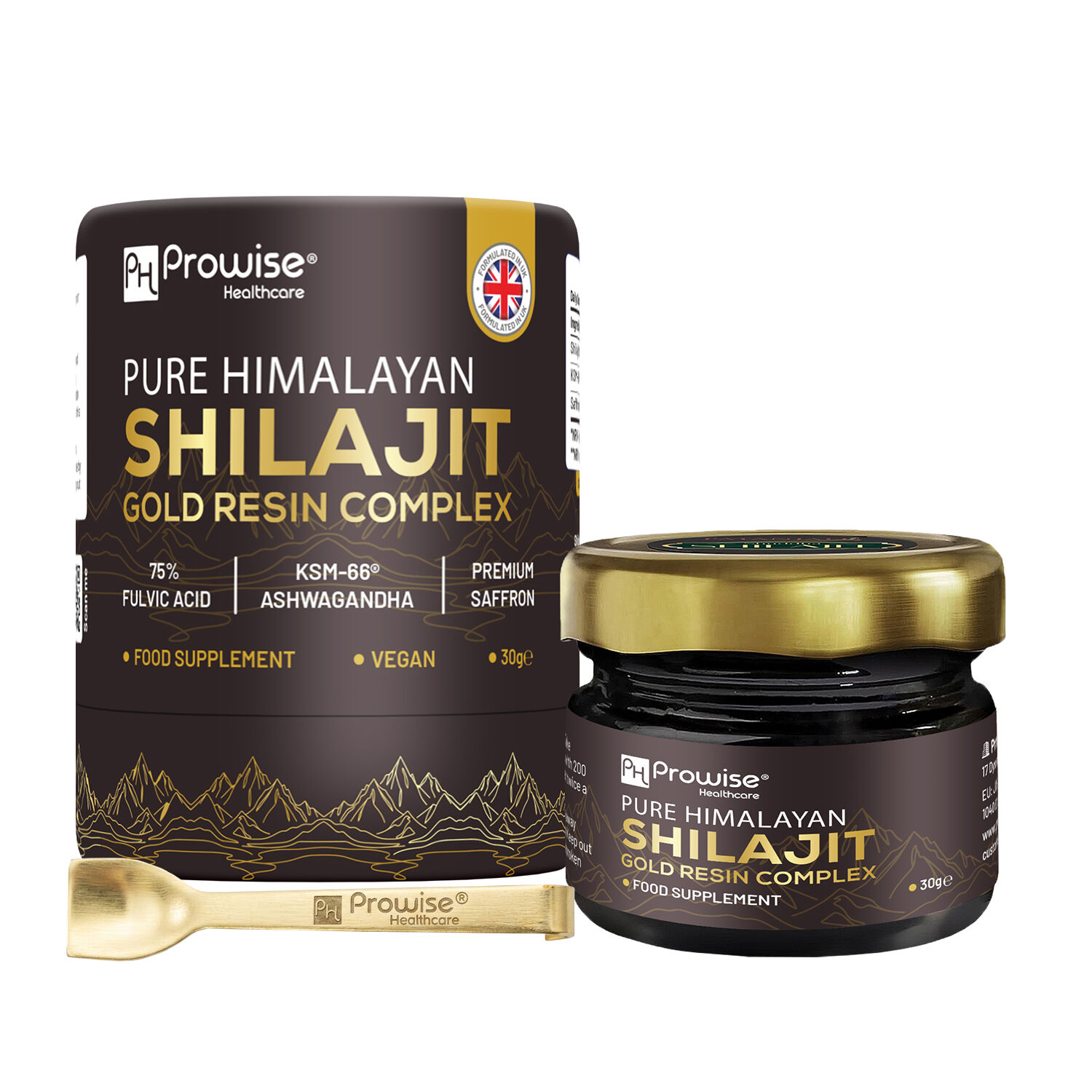 Resina di Shilajit Oro Himalayano Puro 30 g | 100% Puro, Naturale e Ayurvedico | Ricco di acido fulvico (75%), acido umico e oltre 85 oligoelementi – Testato da laboratori terzi | Con aggiunta di Ashwagandha KSM-66 e Zafferano di Prowise