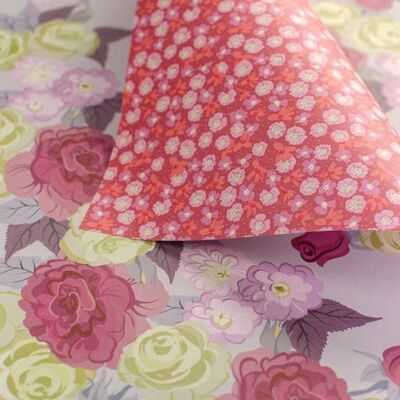 Bold roses & ditsy floral - garnet & raspberry - gift wrapping paper